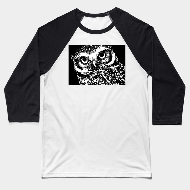 Midnight Owl Black and White  Linoprint Baseball T-Shirt by NattyDesigns